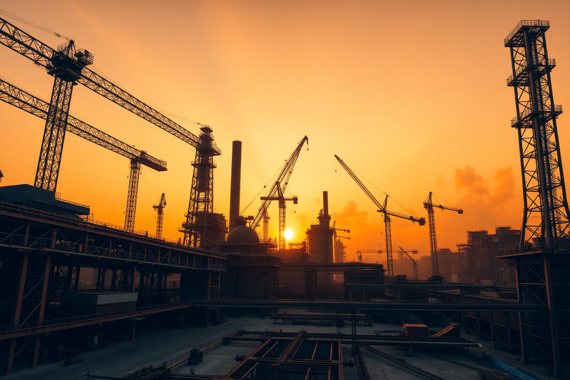 Industrial construction site at golden hour
